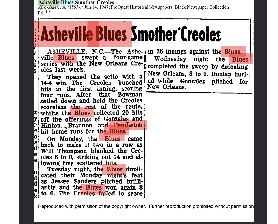 Newspaper clipping reporting the Asheville Blues' four-game sweep of Creoles
