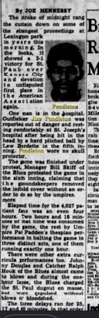 Joe Hennessy Game Report — Pendleton Beaned at Lexington Park, St. Paul Saints vs. Kansas City 1949