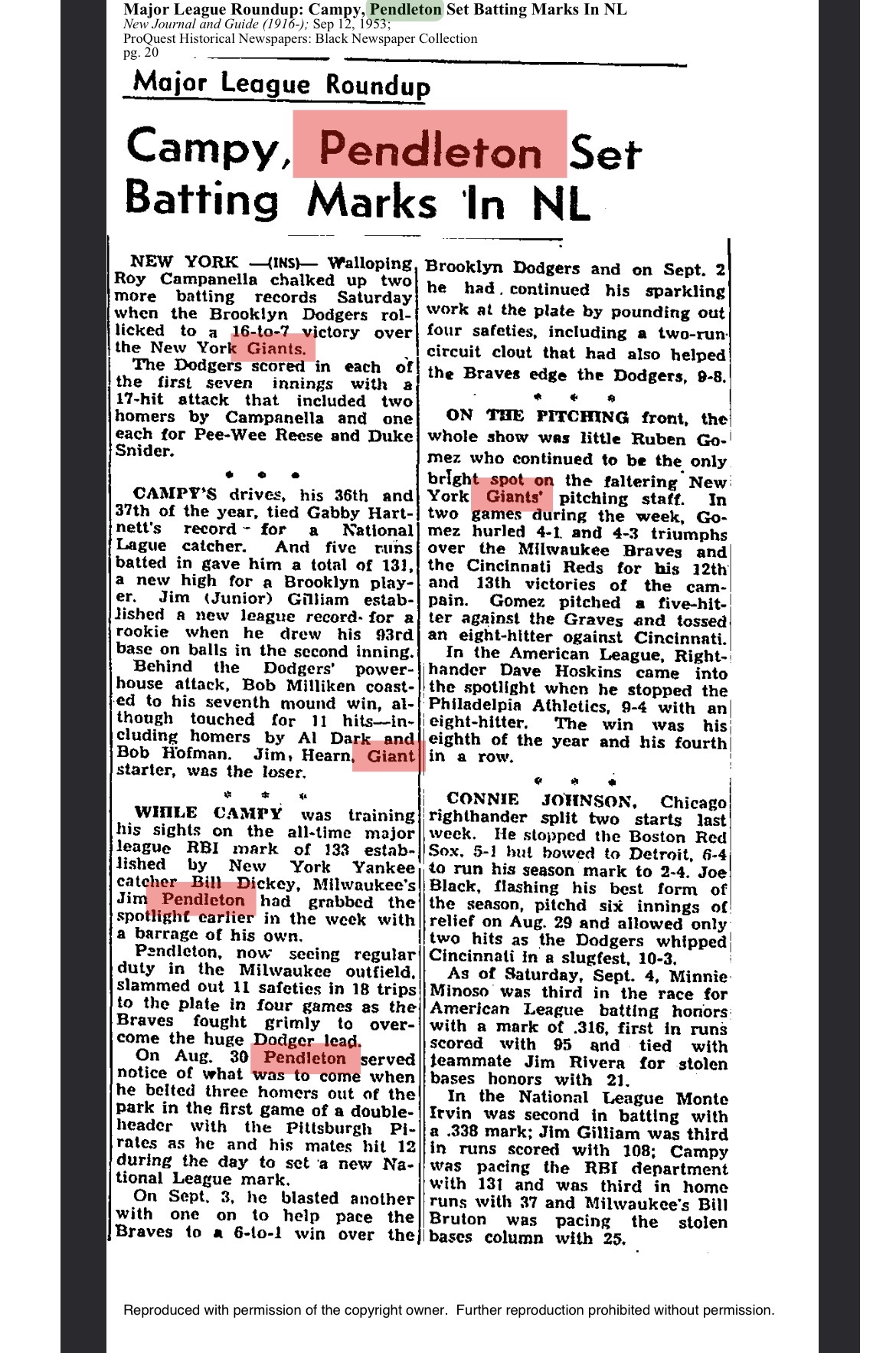 Newspaper clipping highlighting Jim Pendleton's strong batting performance for Milwaukee