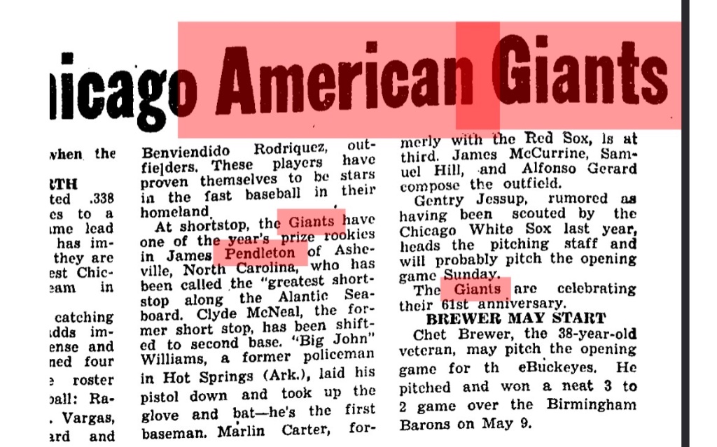 Chicago American Giants — Pendleton Named 'Prize Rookie' at Shortstop