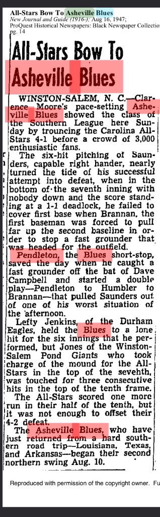 All-Stars Bow To Asheville Blues — New Journal and Guide, August 16, 1947
