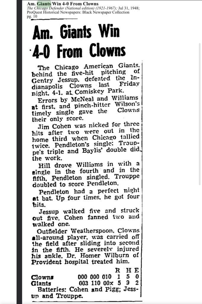 Am. Giants Win 4-0 From Clowns — Pendleton Goes 4-for-4 (Chicago Defender, July 31, 1948)