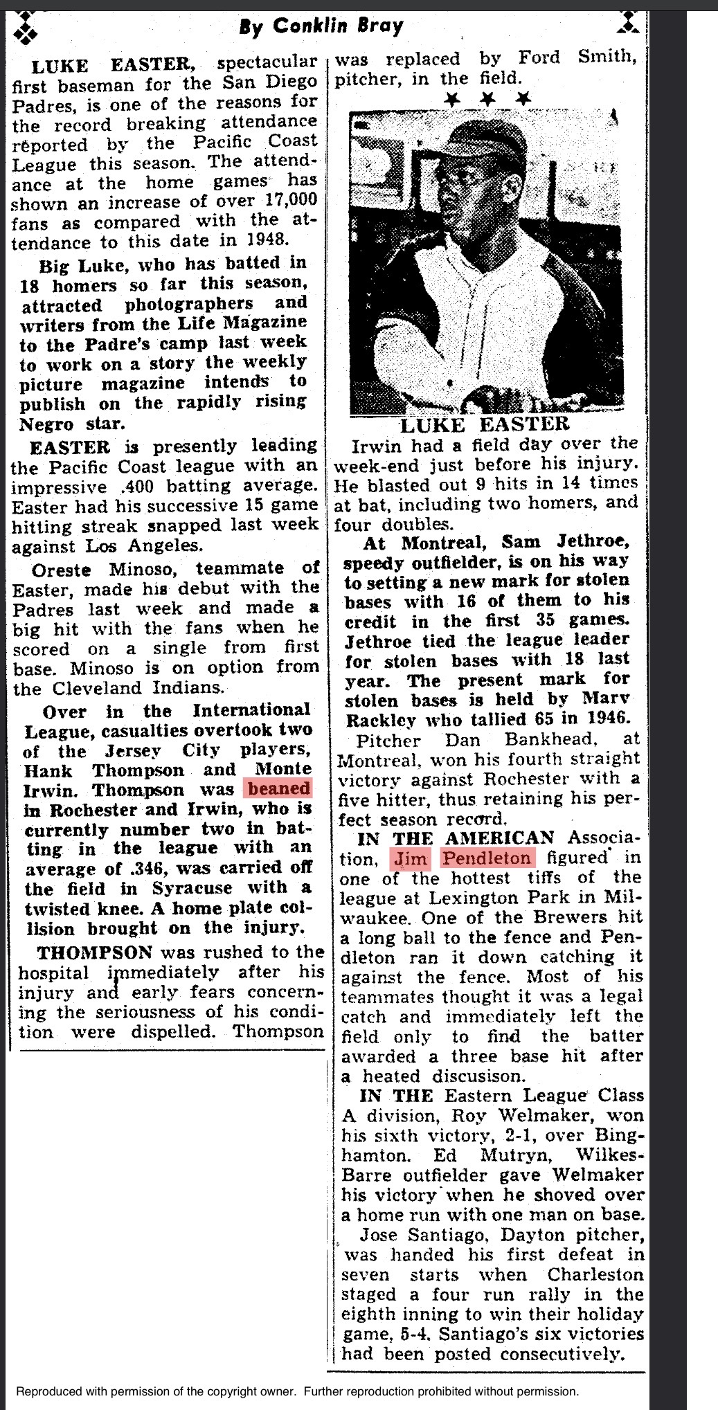 Conklin Bray Column — Pendleton's Disputed Catch at Lexington Park, American Association 1949