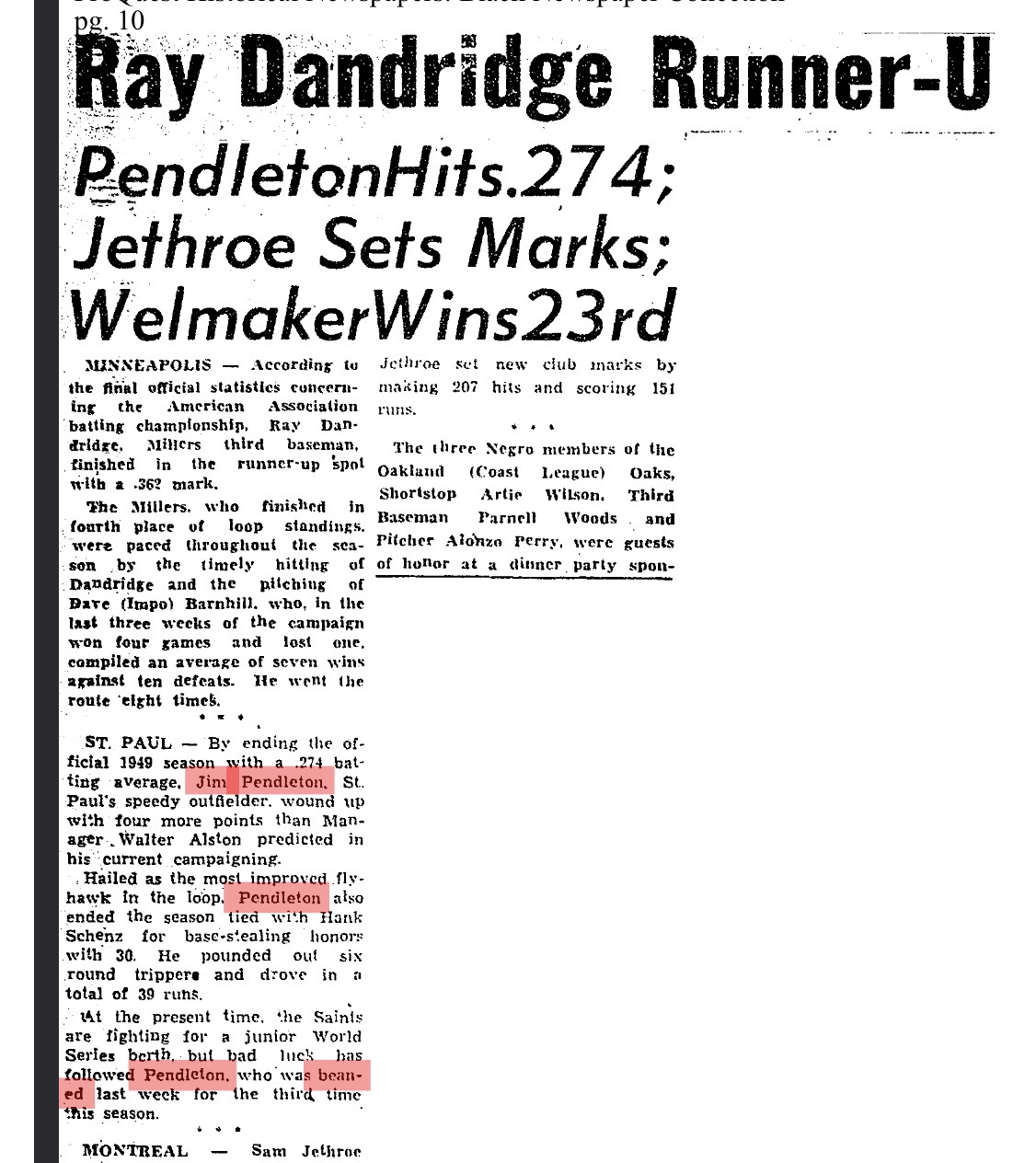 1949 American Association Season-End Statistics — Jim Pendleton Hits .274, St. Paul Saints