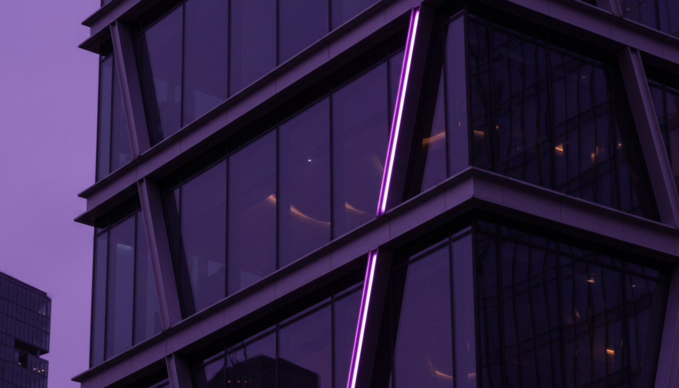 Modern glass architecture at dusk with purple reflections