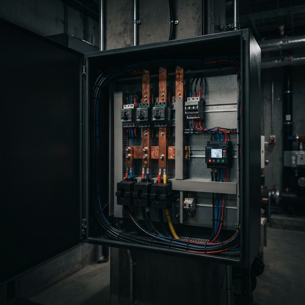 Commercial switchboard with ESCOUT power monitoring equipment installed