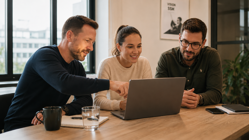 Associé d'une société de service présentant une offre sur tablette à un client