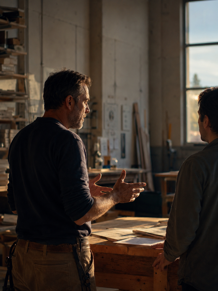 Patron de PME suisse en pleine conversation avec son employé dans son atelier