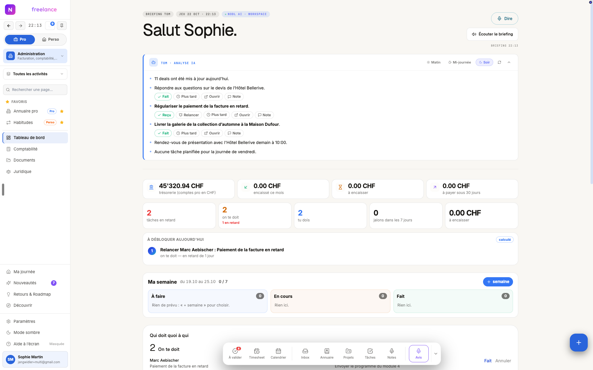 Tableau de bord Nodl Freelance : briefing IA du jour, trésorerie, tâches en retard et planning de la semaine.