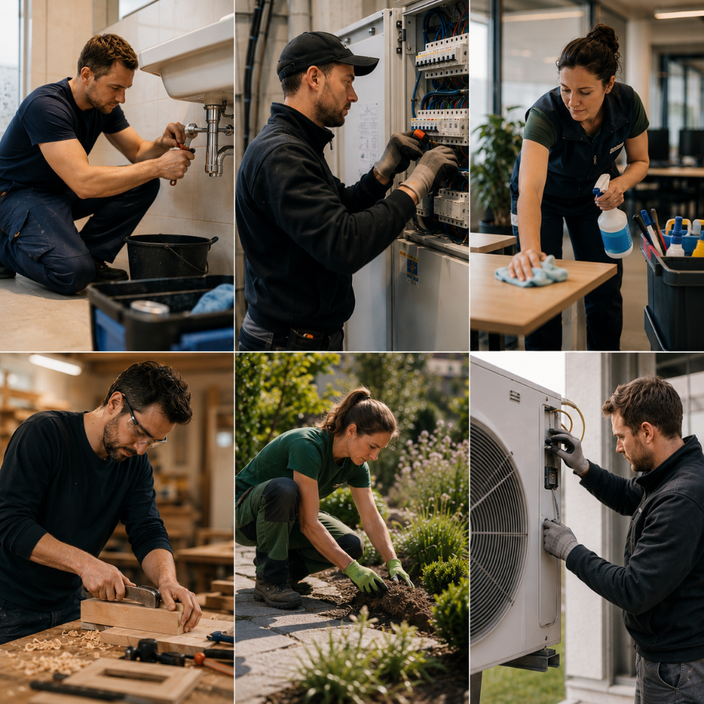 Collage de professionnels de différents métiers : plombier, électricien, nettoyage, menuiserie, jardinage, climatisation