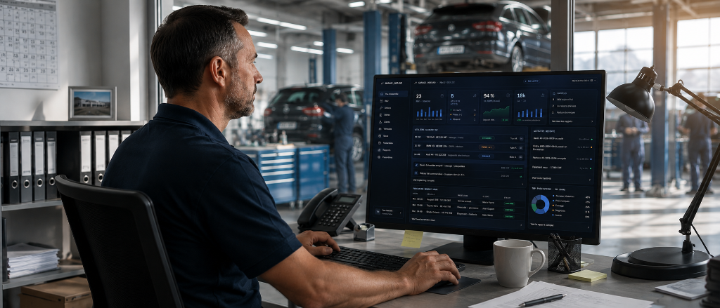 Patron de garage à son bureau face au dashboard nodl