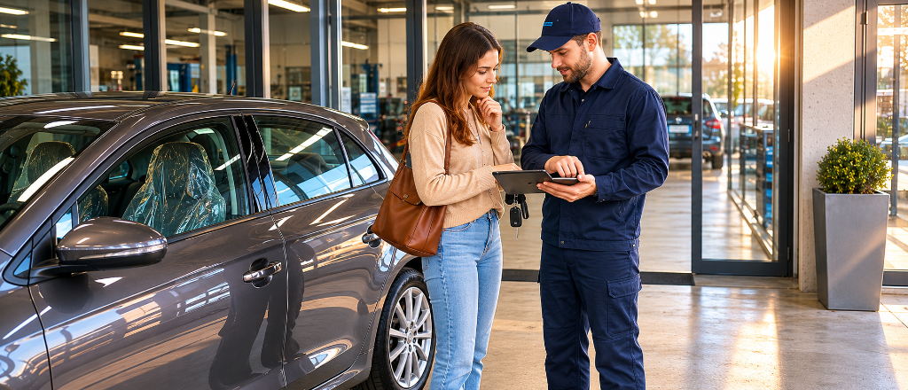 L'employé de garage présente le rapport d'intervention à la cliente sur tablette