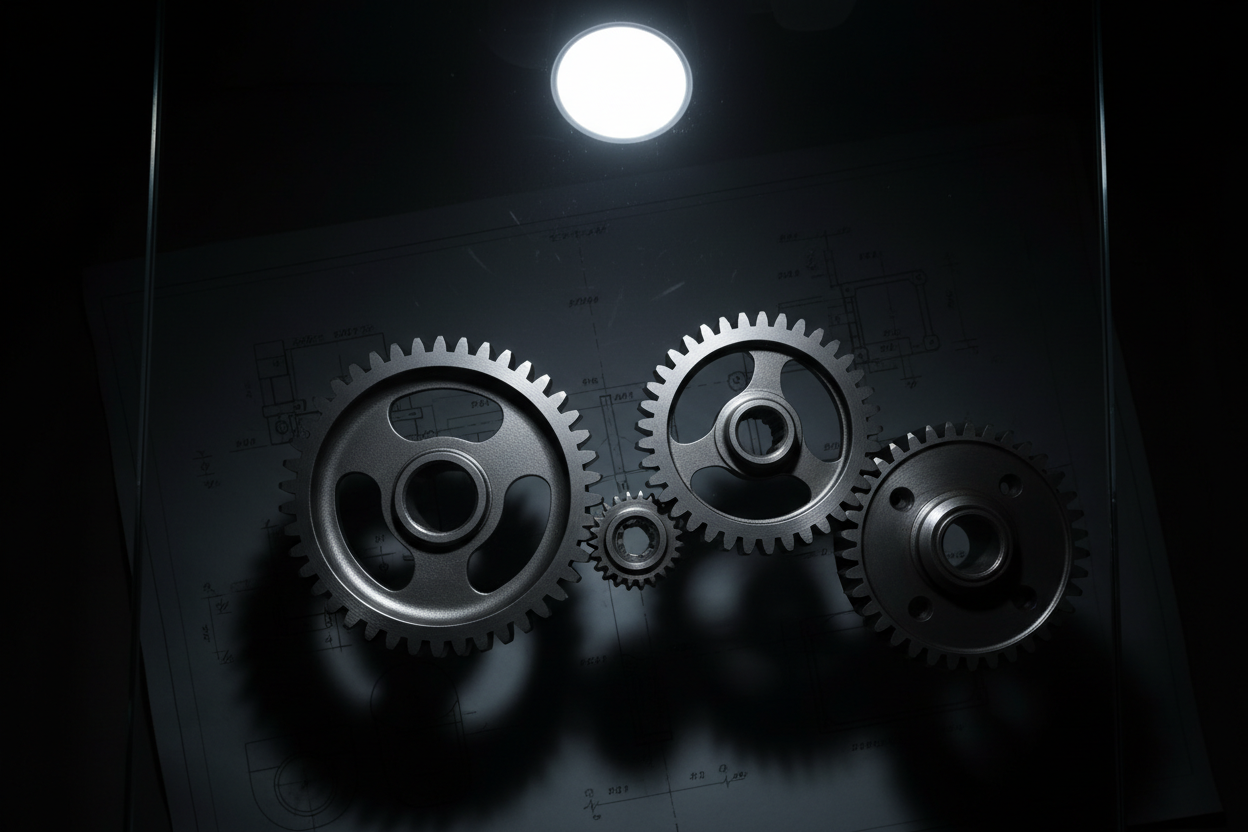 Interlocking steel gears on dark glass surface with architectural blueprints