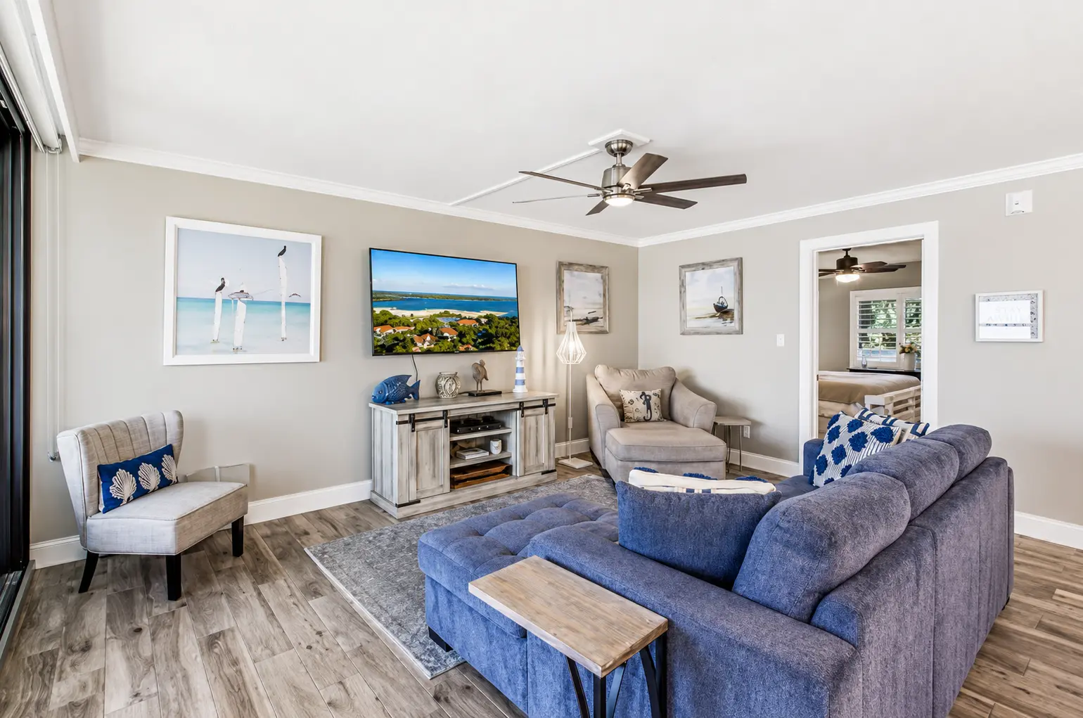 Kitchen to living room view at Bottlenose Pointe luxury vacation rental Marco Island Florida