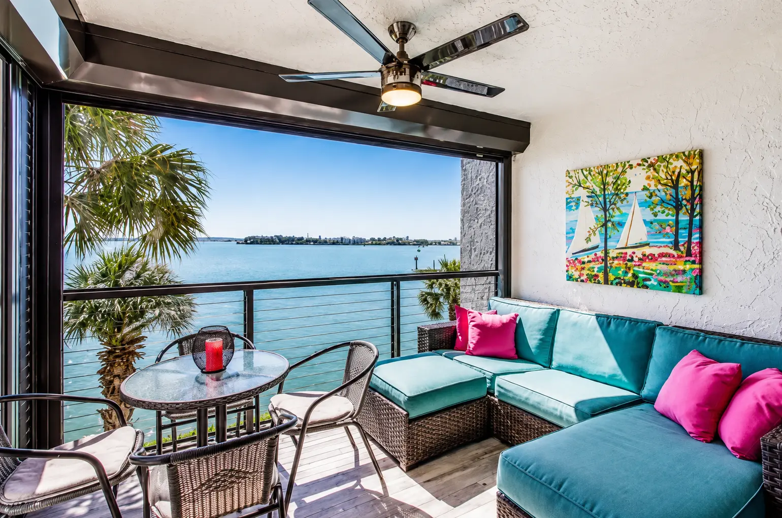 Screened lanai with river views at Bottlenose Pointe Marco Island condo rental