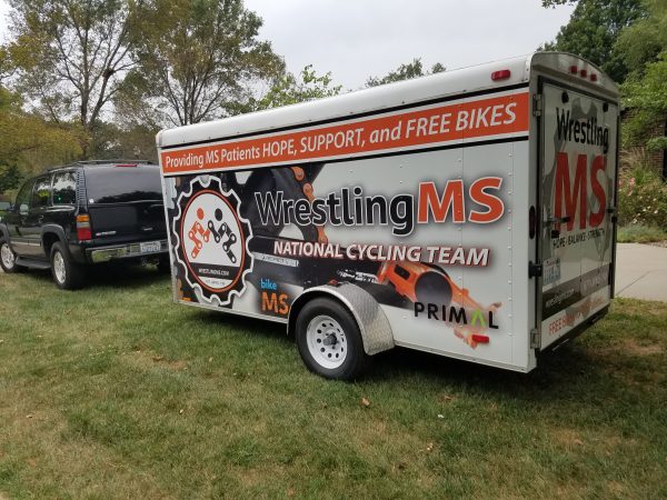 Wrestling MS cycling team with trailer