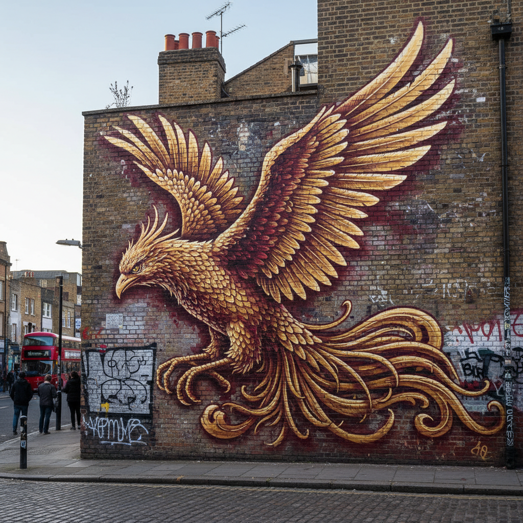 Golden Phoenix by Fanakapan: A sprawling gold and crimson phoenix rising above the rooftops of Dalston, symbolising the area's creative rebirth.