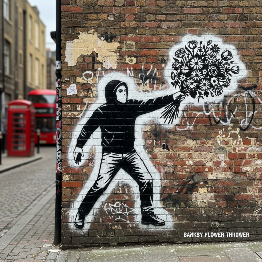 Flower Thrower by Banksy: One of Banksy's most iconic pieces — a masked protester hurling a bouquet of flowers instead of a weapon. A powerful statement on peace and protest.
