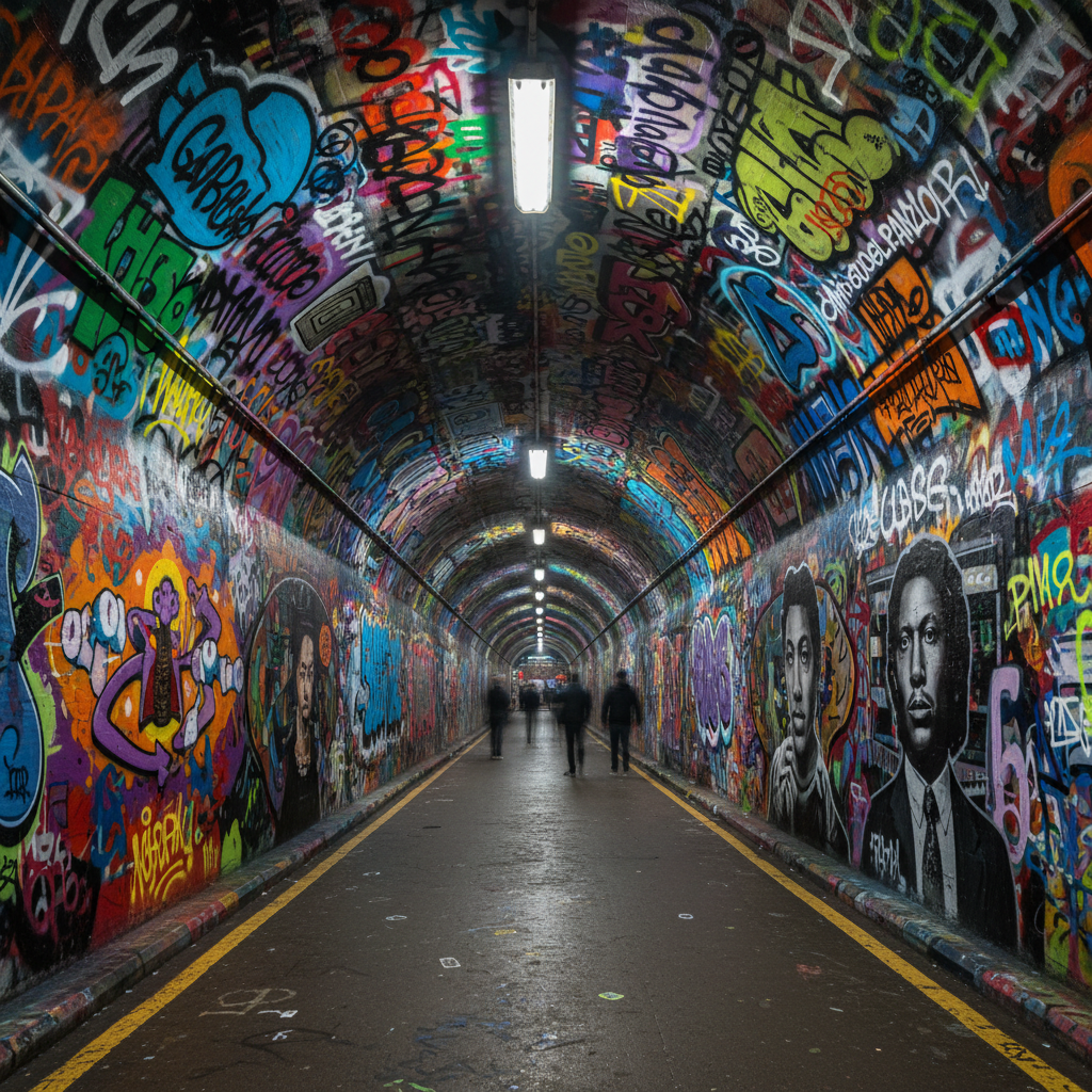 Tunnel Vision by Artful Dodger Collective: A stunning perspective illusion mural running the full length of the Leake Street tunnel — layers of colour and form pulling you deeper in.