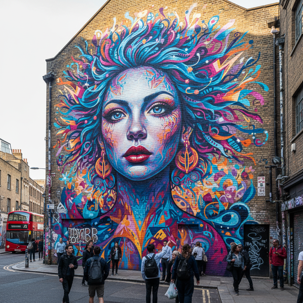 Electric Lady by Zabou: A vivid large-scale mural celebrating femininity and power, painted in electric blues and pinks across a warehouse wall.