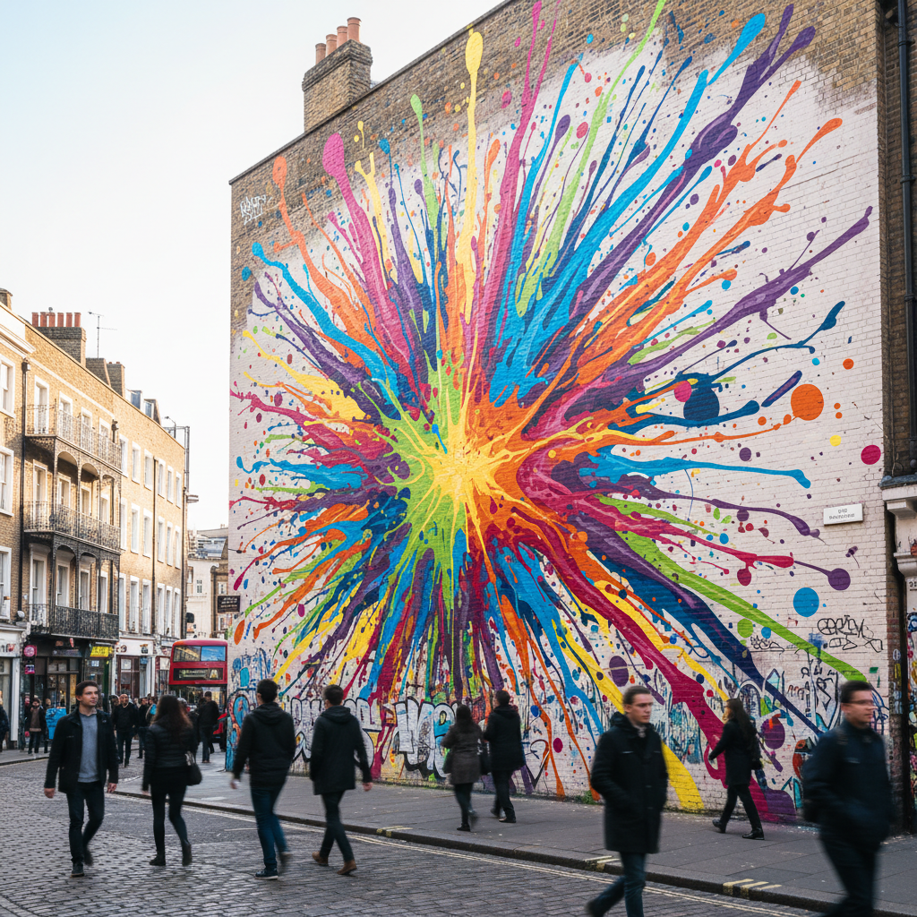 Colour Bomb by Mr Cenz: An explosion of paint splatters in every direction — a spontaneous, joyful burst of abstract colour that brightens the entire street.