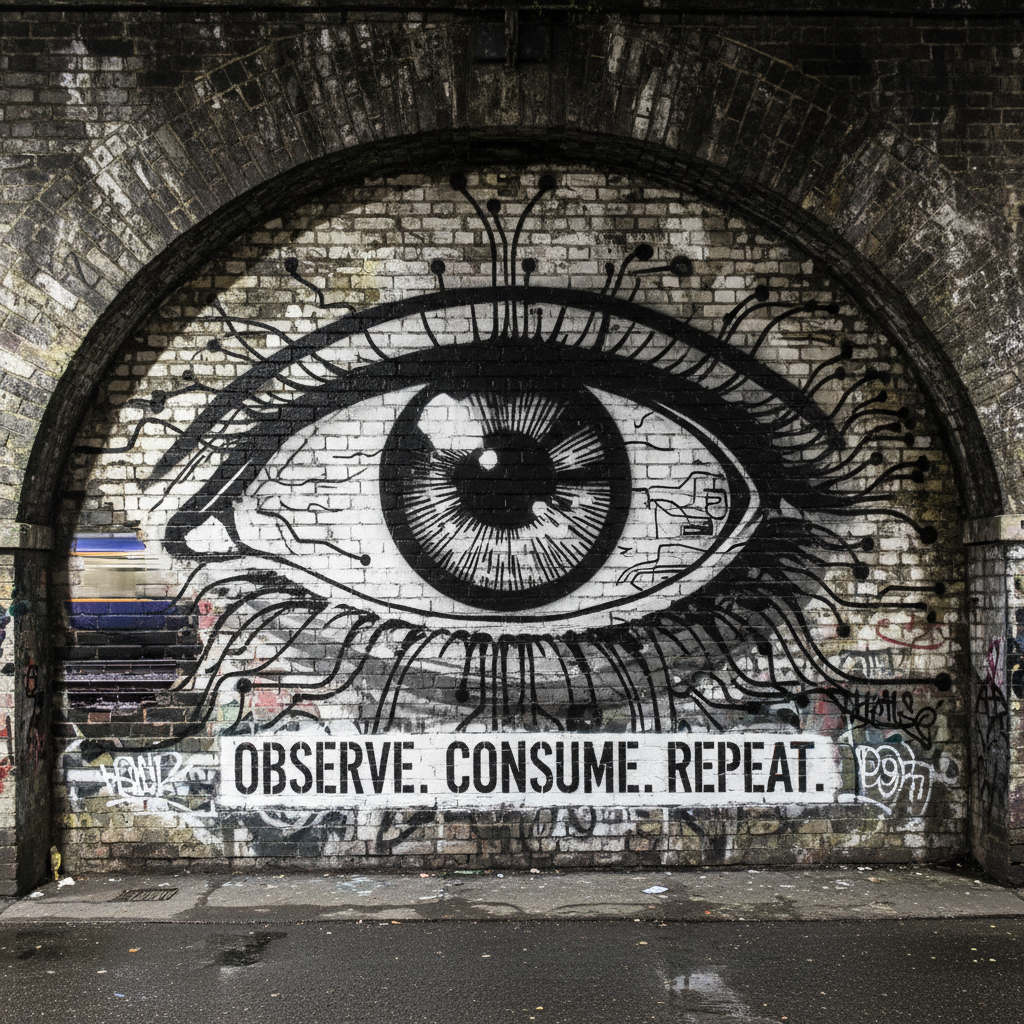 The Watcher by Stik: A giant monochrome eye peers out from a converted railway arch, referencing surveillance culture in modern London.