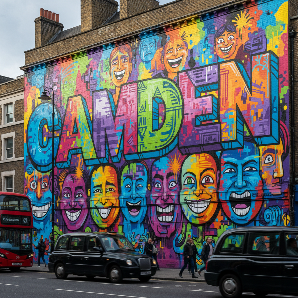 Camden Faces by Ben Eine: A series of expressive, oversized faces covering an entire building facade in Camden — each face tells a different story of London life.