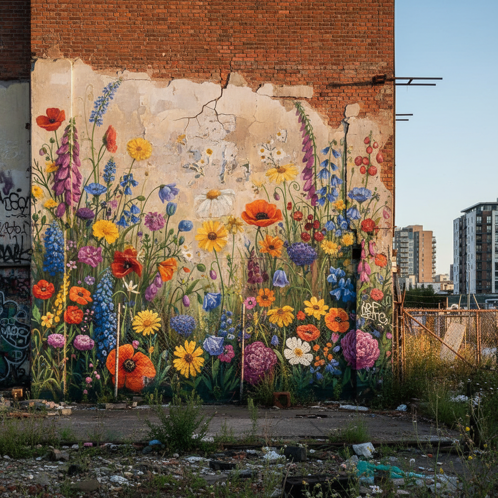 Hackney Wick Wildflowers by Sainer: Delicate, floor-to-ceiling wildflowers painted across a derelict factory wall — a quiet nod to nature reclaiming urban space.