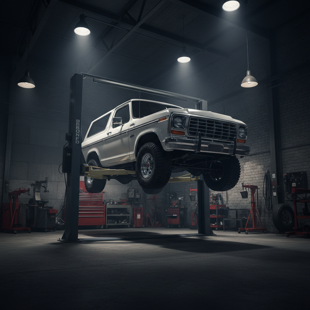 1978 Ford Bronco on hydraulic lift in professional automotive workshop