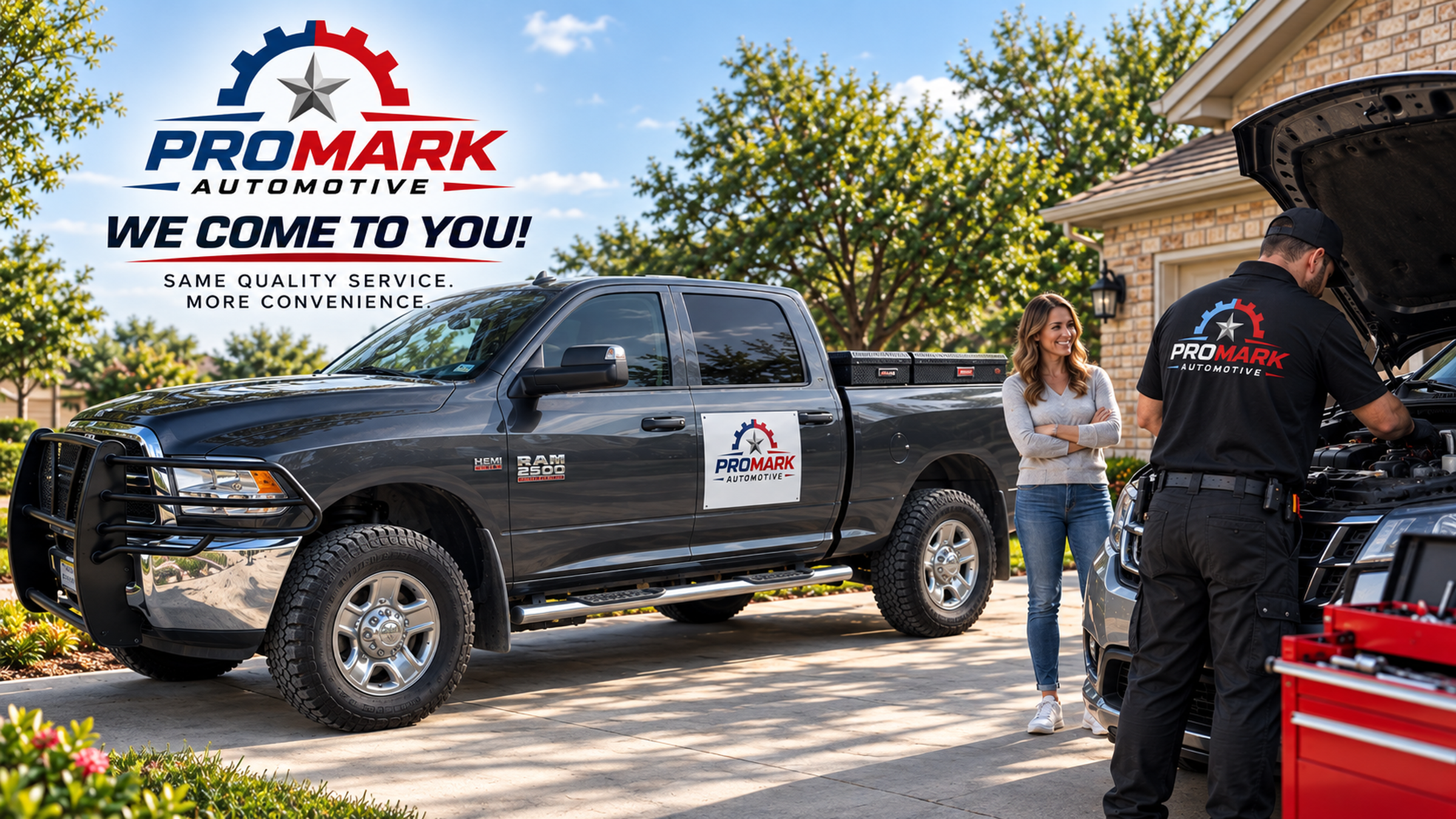 Promark Automotive mobile mechanic servicing a customer's vehicle in their driveway — we come to you
