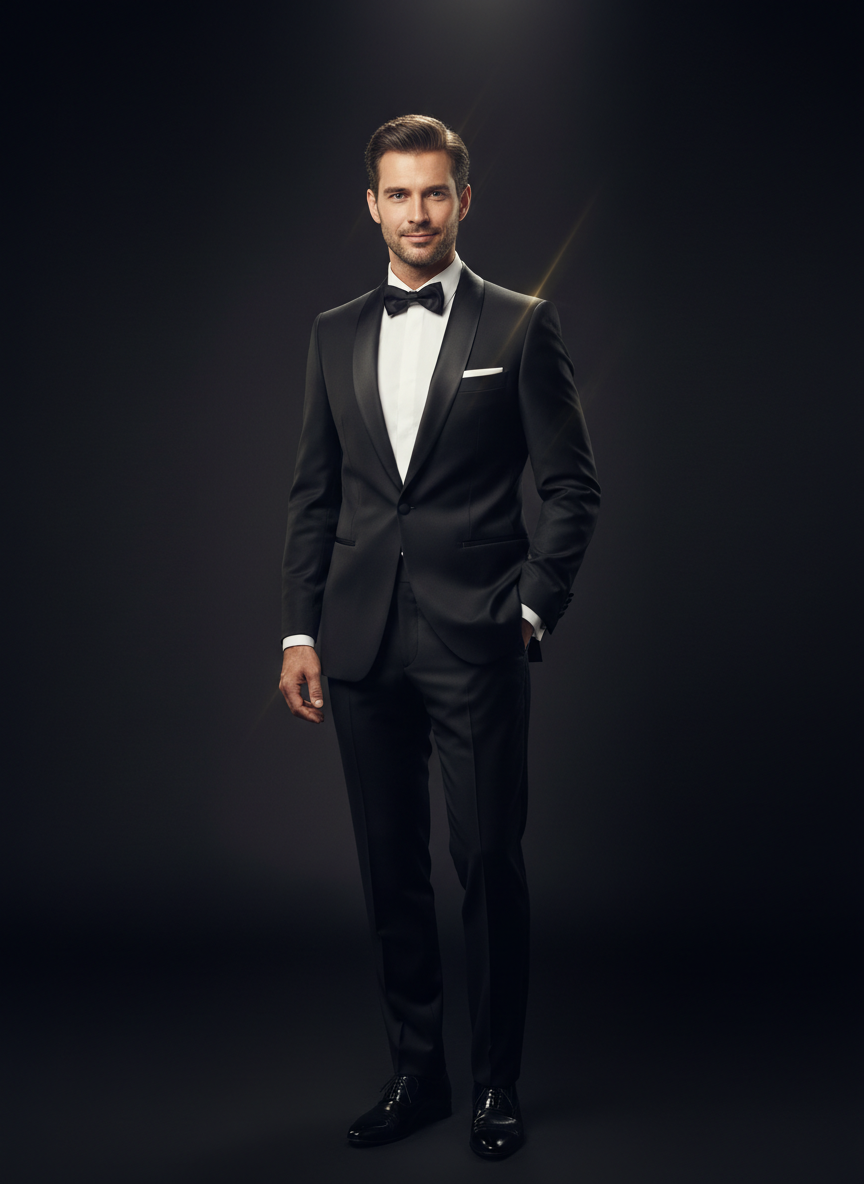 Man wearing elegant black tuxedo at Estep's The Nu Look Charleston WV