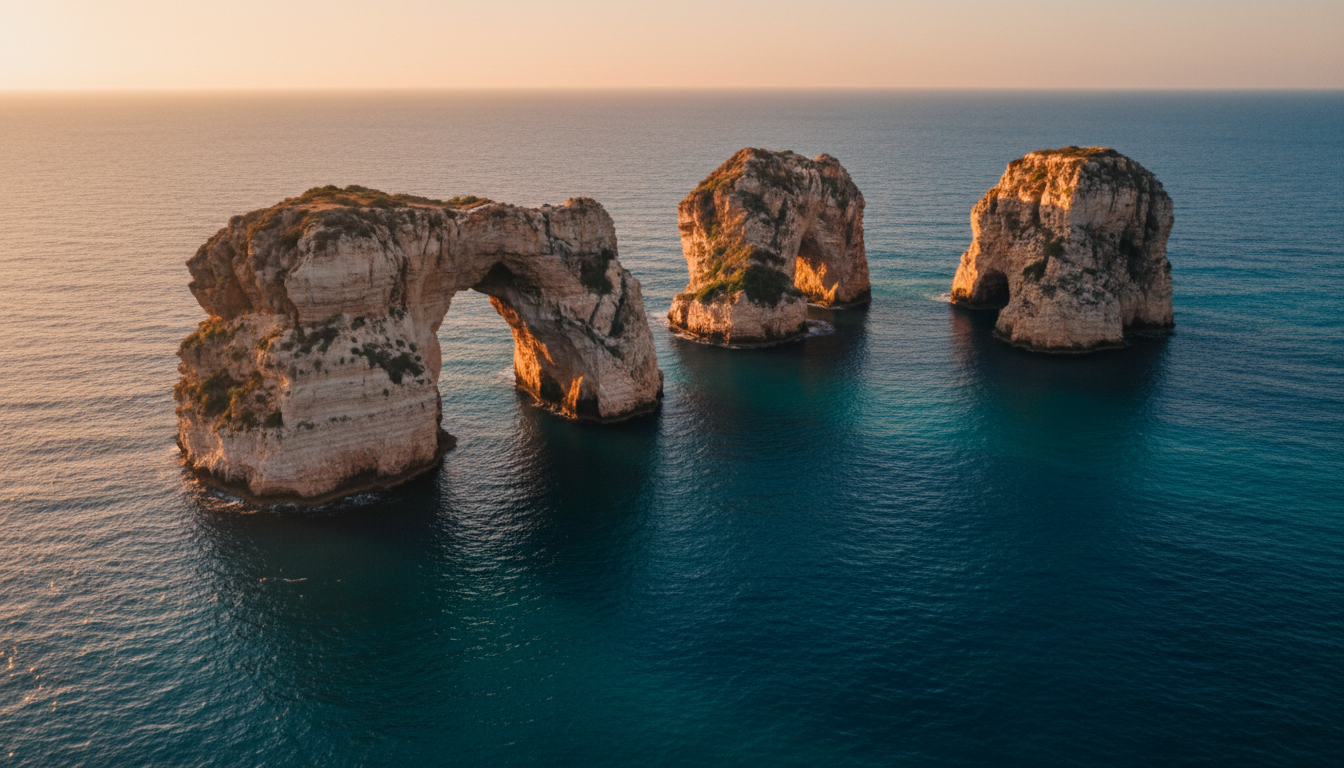 Pigeon Rocks at Raouché, Beirut - dramatic natural stone arches at golden sunset