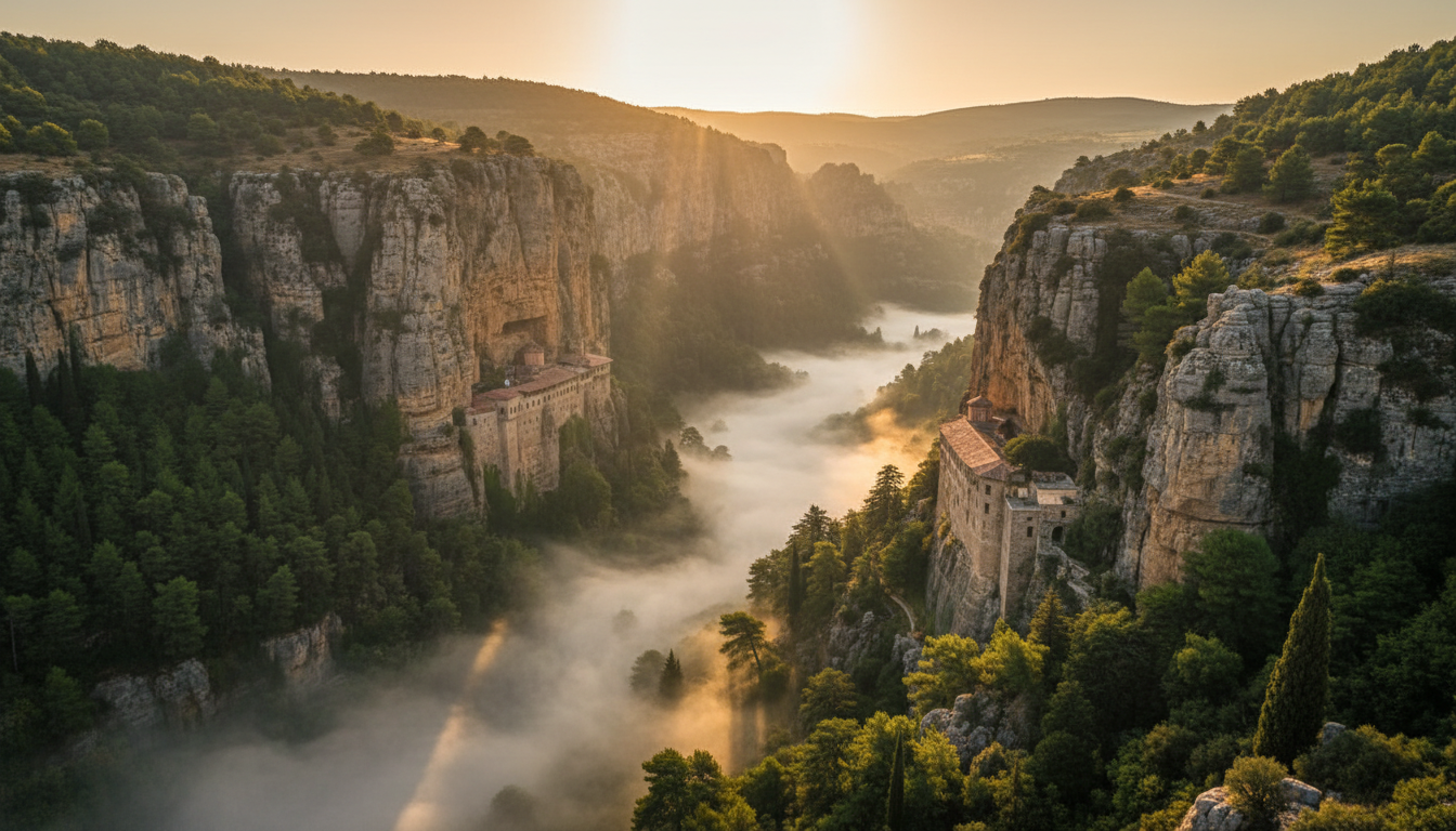 Kadisha Valley, Lebanon - Misty morning over ancient monasteries and cedar forests