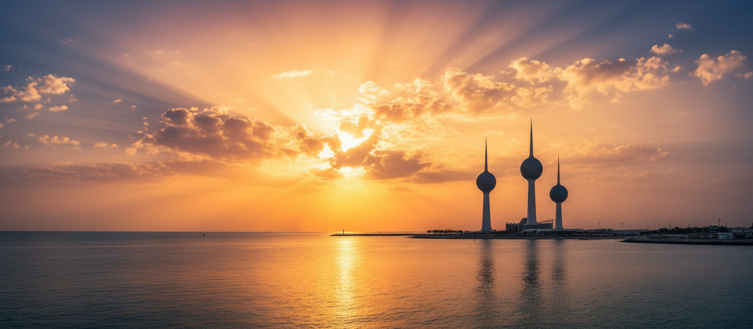 Kuwait Towers at golden hour sunset with Arabian Gulf