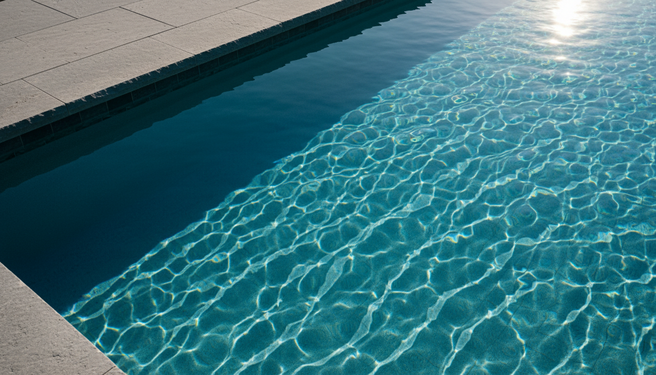 Crystal clear swimming pool with caustic light patterns during golden hour