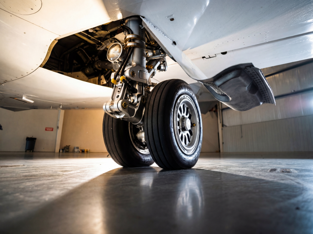 Aircraft nose landing gear in Santos Parts hangar