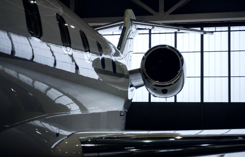 Business jet in hangar