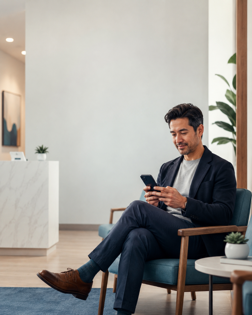 Person using phone in a modern healthcare waiting room