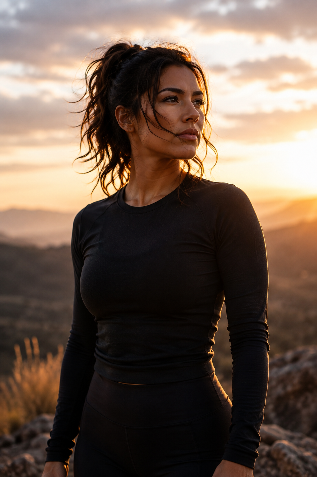 A woman in golden-hour light overlooking the hills