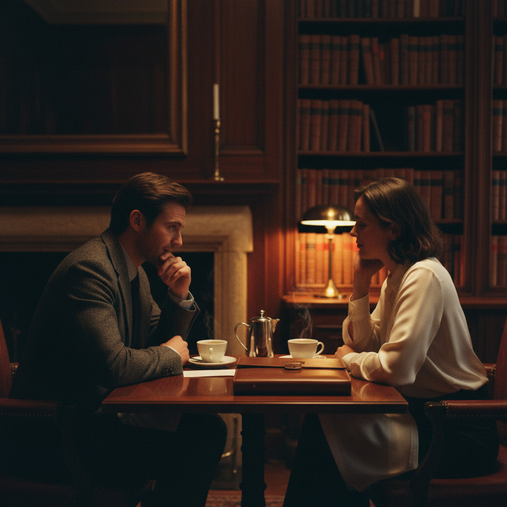 Quiet private dining room conversation with coffee and leather portfolio