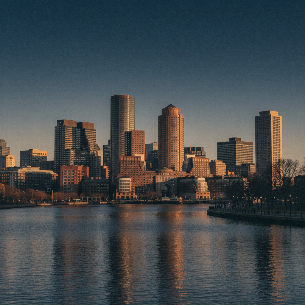 Boston skyline at golden hour from across the Charles River