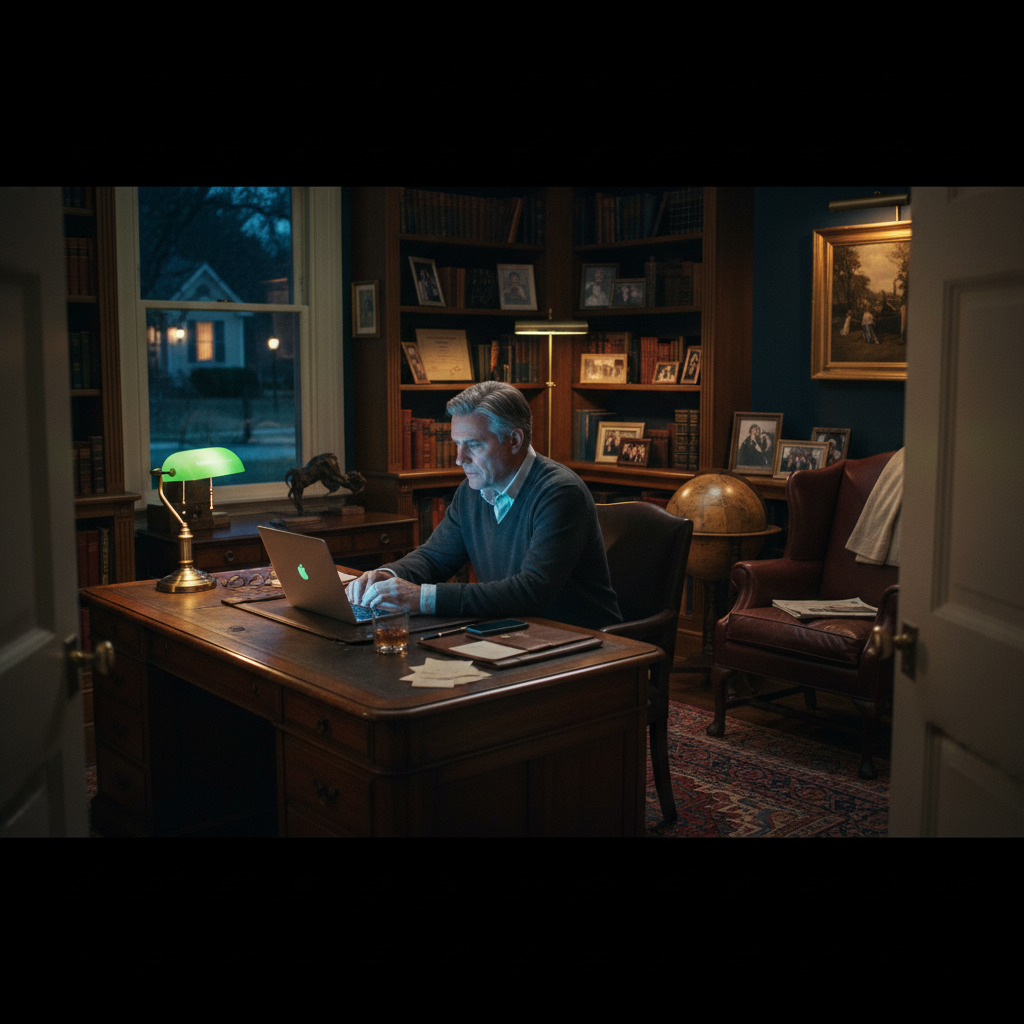 Executive working from a private home study at night