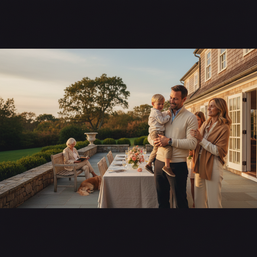 Affluent multigenerational family on a private estate terrace at golden hour