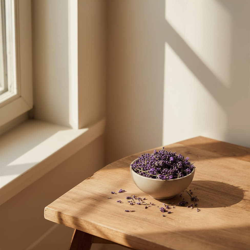 A ceramic bowl of dried lavender on a wooden table by a window, soft morning light, AVENORA Health