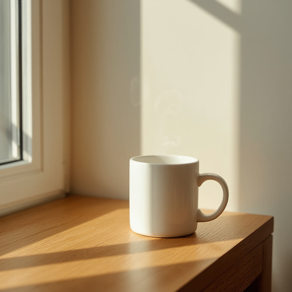 A white ceramic mug on a wooden table by a window, soft morning light, AVENORA Health