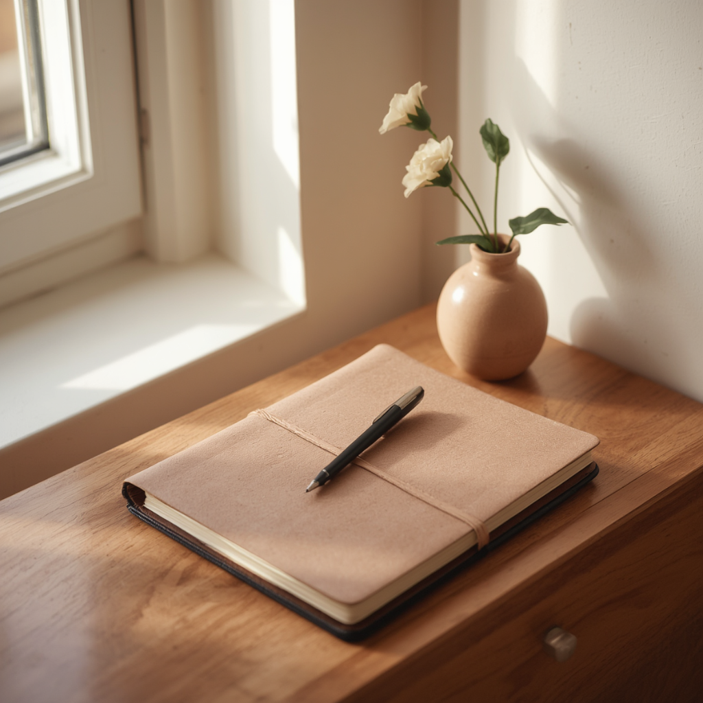 An open leather notebook with a pen on a wooden desk, a single flower in a ceramic vase nearby, soft morning light, AVENORA Health
