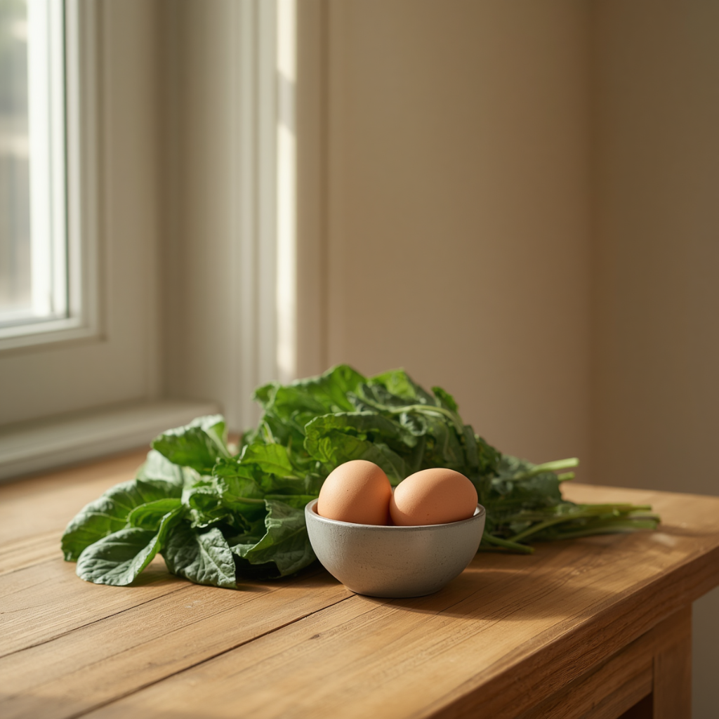 Fresh eggs in a ceramic bowl with leafy greens on a wooden table by a window, soft morning light, AVENORA Health