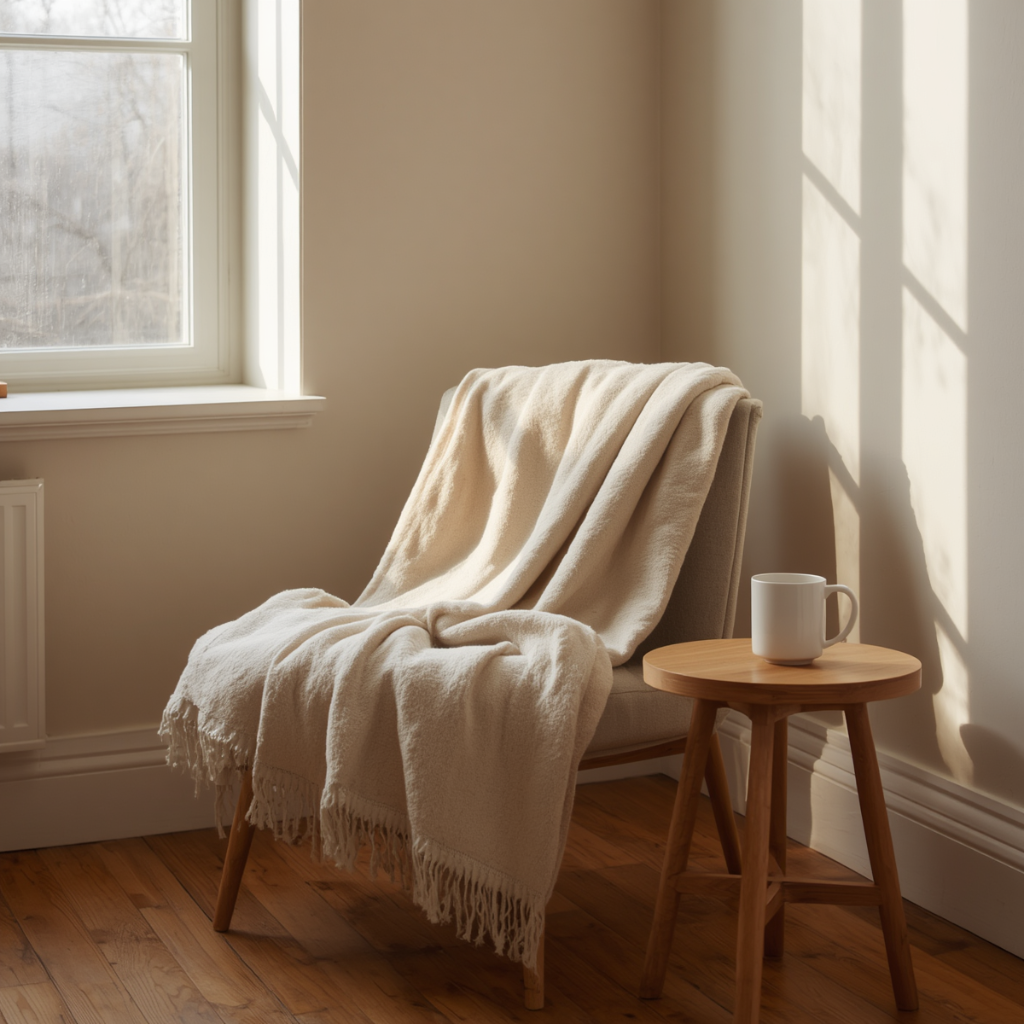 A cream knit throw on a wooden chair next to a small side table with a ceramic mug, soft morning light, AVENORA Health
