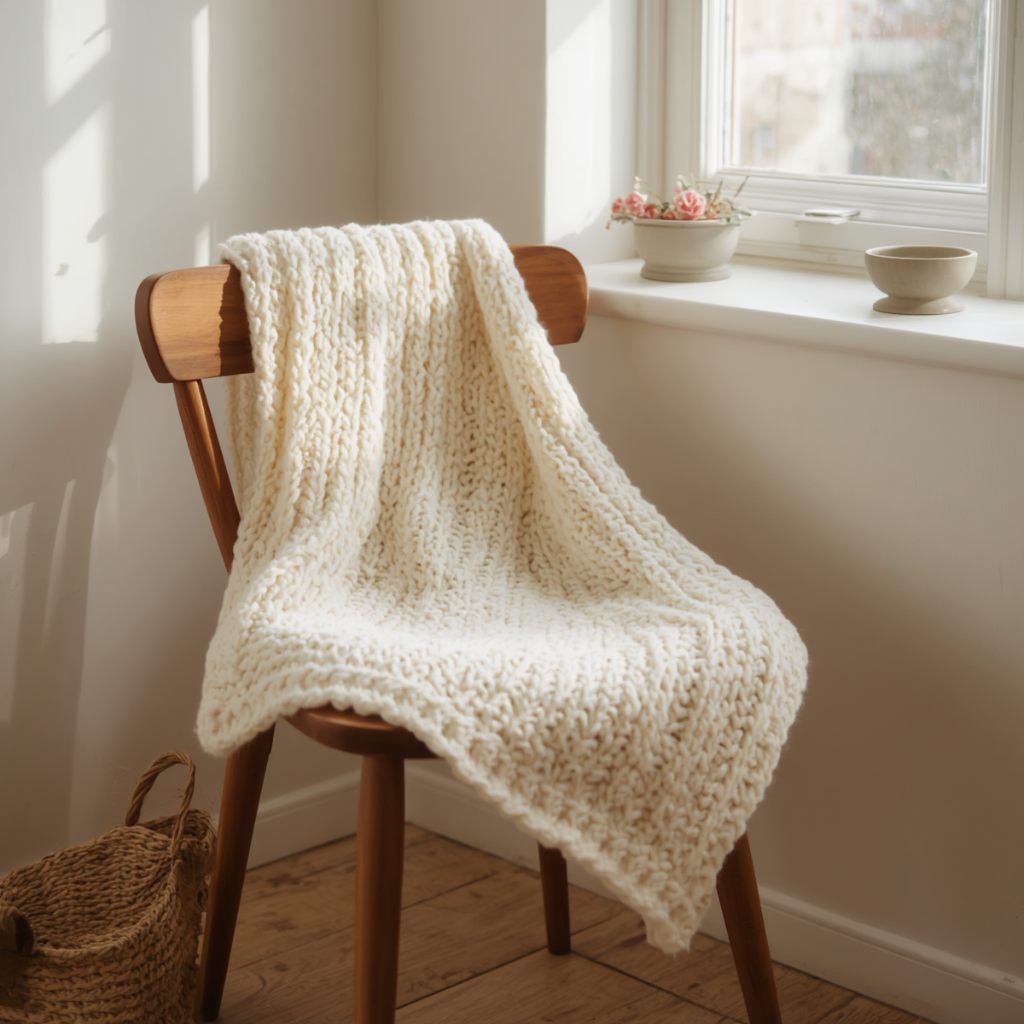 A soft hand-knit cream blanket on a wooden chair near a window, soft morning light, AVENORA Health