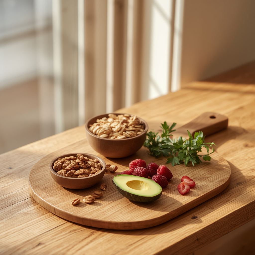 Fresh whole foods on a wooden cutting board with avocado, berries, nuts, and herbs, soft morning light, AVENORA Health